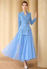 Sky Blue Pleated Skirt Suit